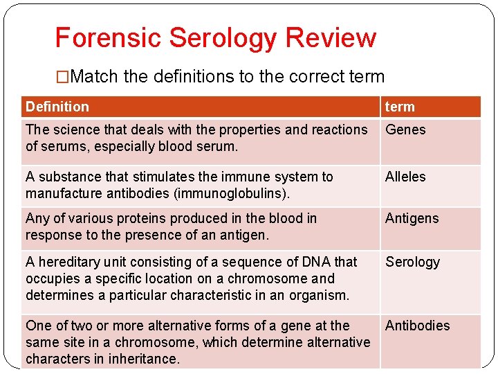 Forensic Serology Review �Match the definitions to the correct term Definition term The science