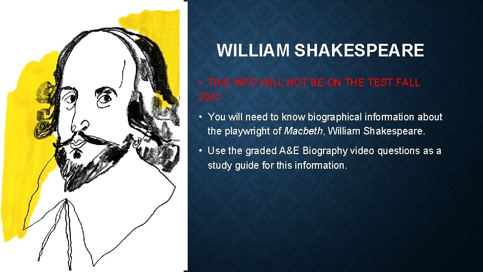 WILLIAM SHAKESPEARE • THIS INFO WILL NOT BE ON THE TEST FALL 2021 •