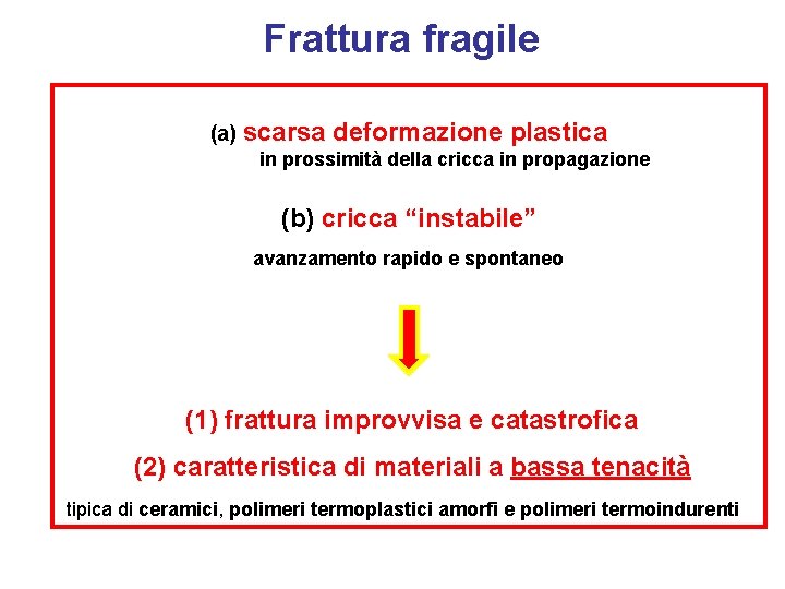 Frattura fragile (a) scarsa deformazione plastica in prossimità della cricca in propagazione (b) cricca