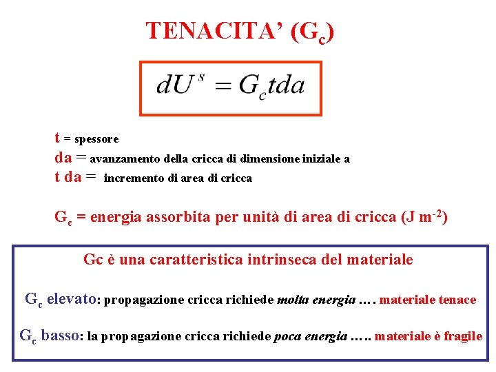 TENACITA’ (Gc) t = spessore da = avanzamento della cricca di dimensione iniziale a