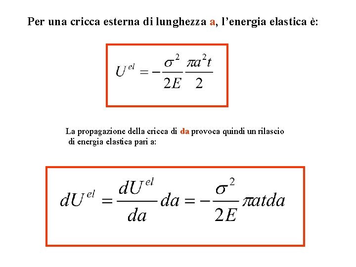 Per una cricca esterna di lunghezza a, l’energia elastica è: La propagazione della cricca