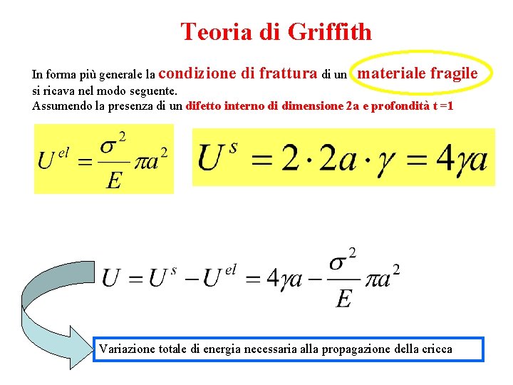 Teoria di Griffith In forma più generale la condizione di frattura di un materiale