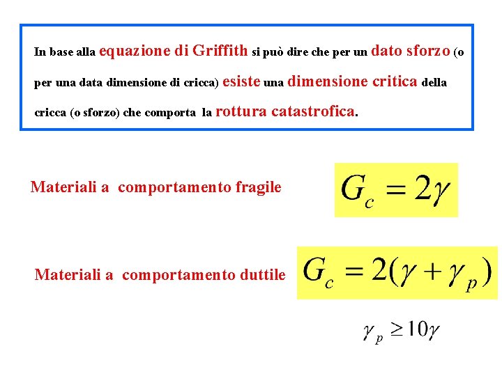 In base alla equazione di Griffith si può dire che per un dato sforzo