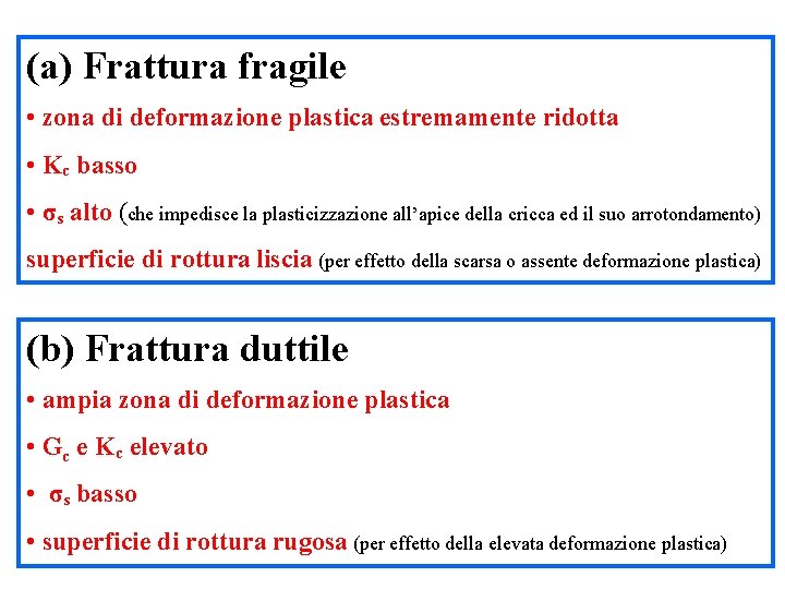 (a) Frattura fragile • zona di deformazione plastica estremamente ridotta • Kc basso •