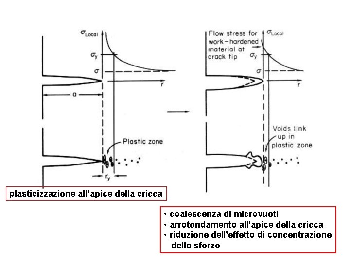 plasticizzazione all’apice della cricca • coalescenza di microvuoti • arrotondamento all’apice della cricca •