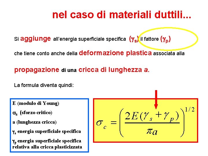 nel caso di materiali duttili. . . Si aggiunge all’energia superficiale specifica che tiene