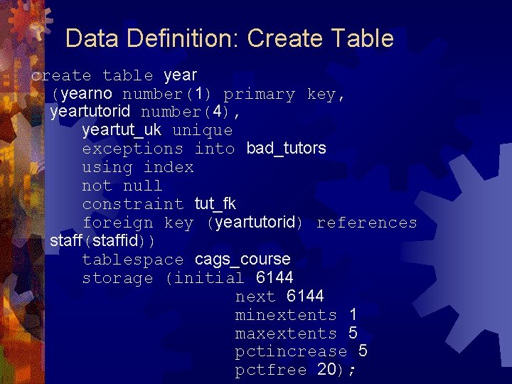 Data Definition: Create Table create table year (yearno number(1) primary key, yeartutorid number(4), yeartut_uk