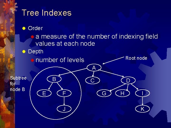 Tree Indexes ® Order ®a measure of the number of indexing field values at