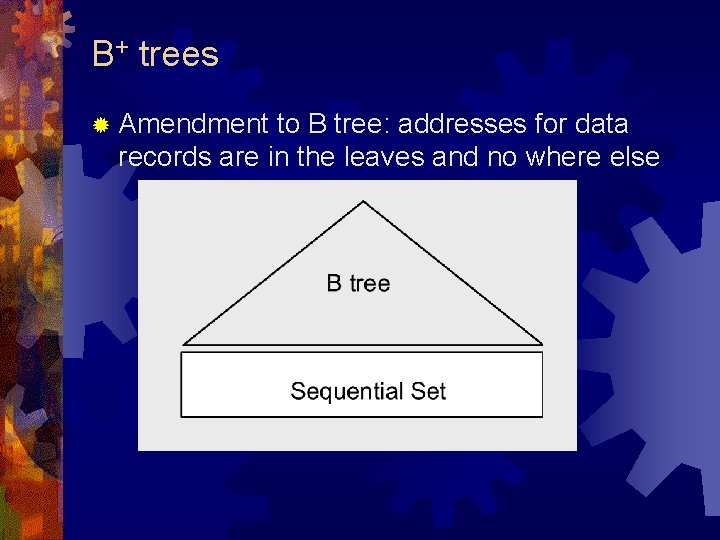 B+ trees ® Amendment to B tree: addresses for data records are in the