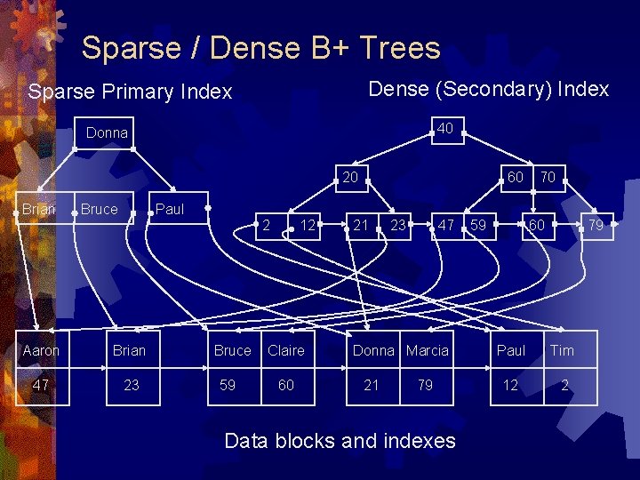 Sparse / Dense B+ Trees Dense (Secondary) Index Sparse Primary Index 40 Donna 20