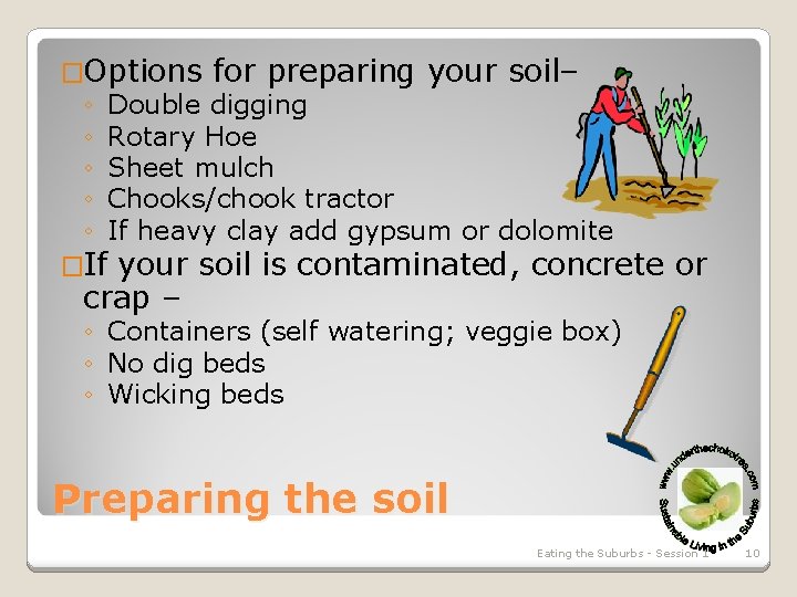 �Options for preparing your soil– ◦ Double digging ◦ Rotary Hoe ◦ Sheet mulch