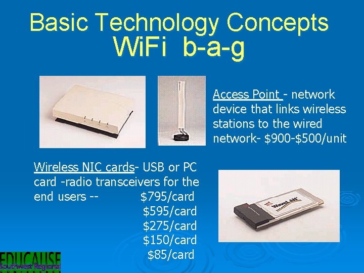 Basic Technology Concepts Wi. Fi b-a-g Access Point - network device that links wireless