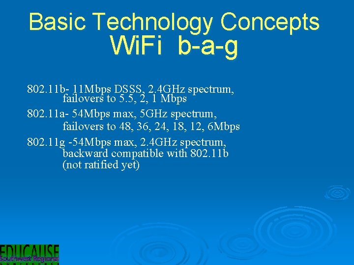 Basic Technology Concepts Wi. Fi b-a-g 802. 11 b- 11 Mbps DSSS, 2. 4