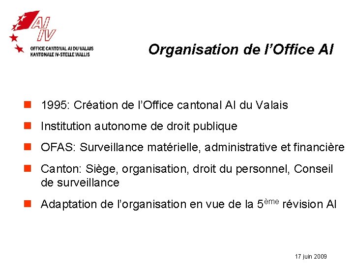Organisation de l’Office AI n 1995: Création de l’Office cantonal AI du Valais n