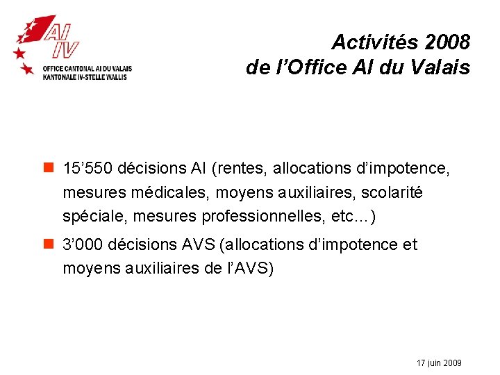 Activités 2008 de l’Office AI du Valais n 15’ 550 décisions AI (rentes, allocations