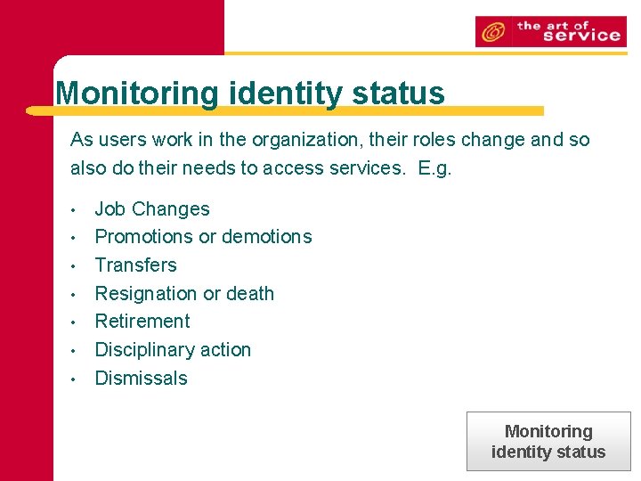 Monitoring identity status As users work in the organization, their roles change and so