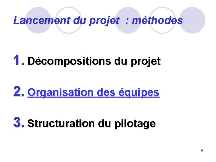 Lancement du projet : méthodes 1. Décompositions du projet 2. Organisation des équipes 3.