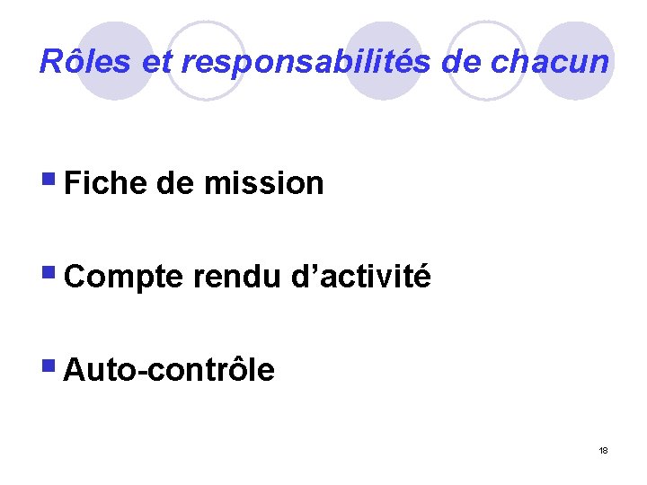 Rôles et responsabilités de chacun § Fiche de mission § Compte rendu d’activité §