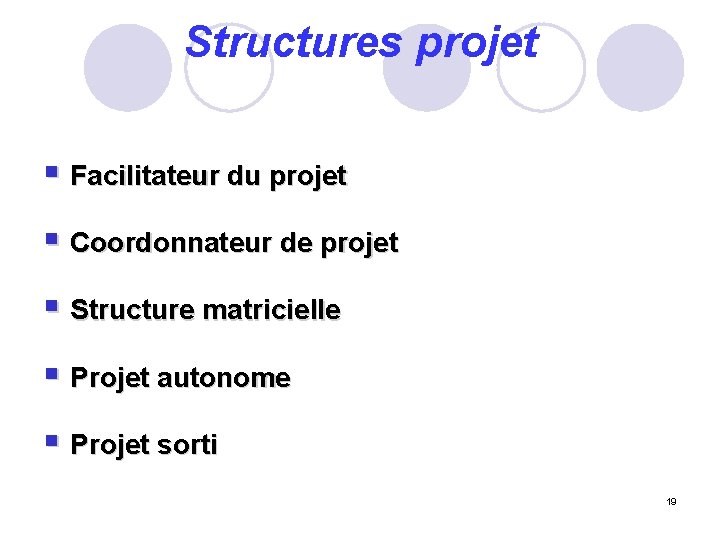 Structures projet § Facilitateur du projet § Coordonnateur de projet § Structure matricielle §