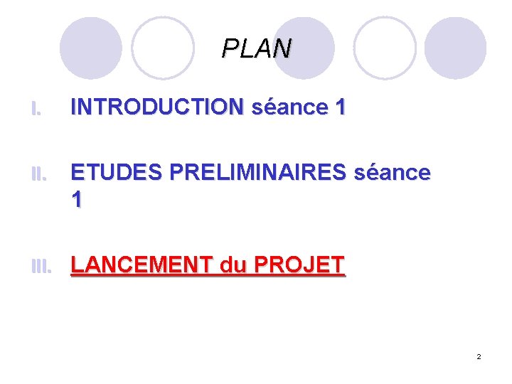 PLAN I. INTRODUCTION séance 1 II. ETUDES PRELIMINAIRES séance 1 III. LANCEMENT du PROJET