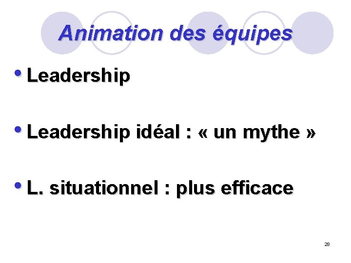 Animation des équipes • Leadership idéal : « un mythe » • L. situationnel