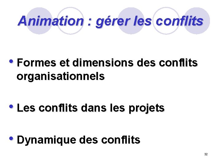 Animation : gérer les conflits • Formes et dimensions des conflits organisationnels • Les