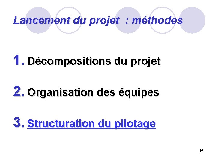 Lancement du projet : méthodes 1. Décompositions du projet 2. Organisation des équipes 3.