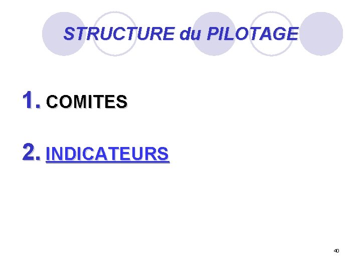 STRUCTURE du PILOTAGE 1. COMITES 2. INDICATEURS 40 