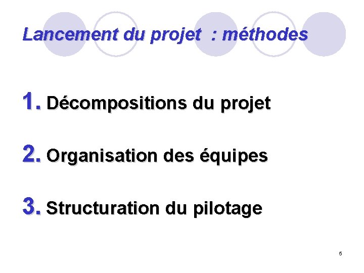 Lancement du projet : méthodes 1. Décompositions du projet 2. Organisation des équipes 3.