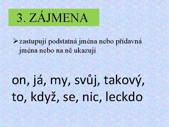 3. ZÁJMENA Ø zastupují podstatná jména nebo přídavná jména nebo na ně ukazují on,