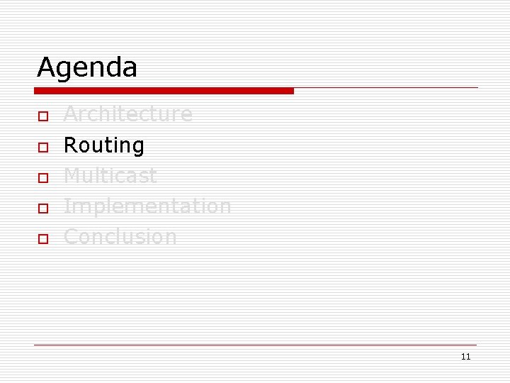 Agenda o o o Architecture Routing Multicast Implementation Conclusion 11 