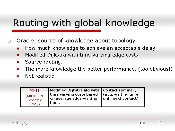 Routing with global knowledge o Oracle; source of knowledge about topology n n n