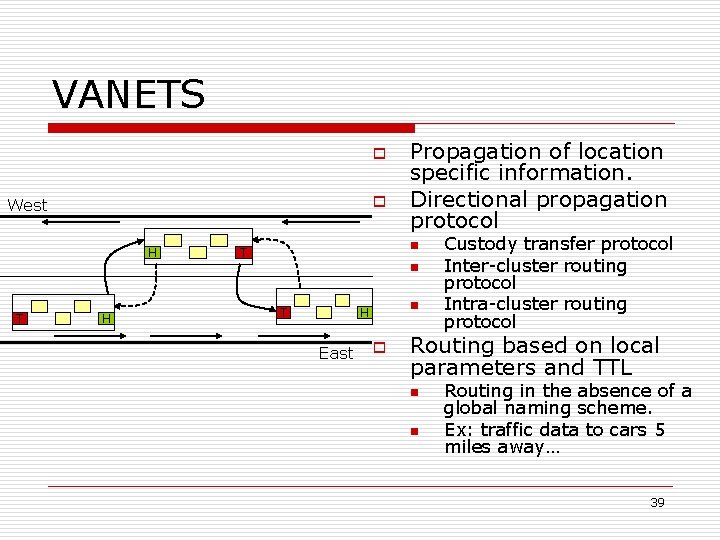 VANETS o o West H Propagation of location specific information. Directional propagation protocol n VANETS o o West H Propagation of location specific information. Directional propagation protocol n