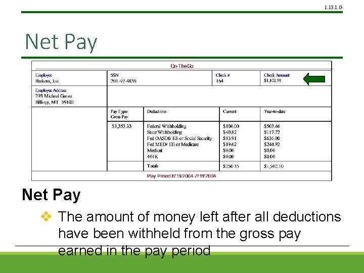 1. 13. 1. G Net Pay v The amount of money left after all