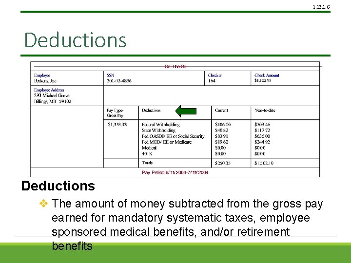 1. 13. 1. G Deductions v The amount of money subtracted from the gross