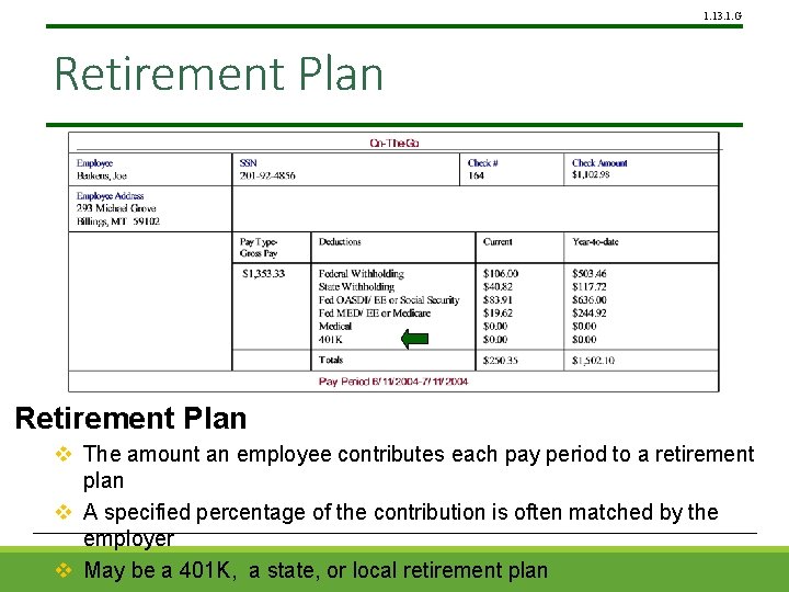 1. 13. 1. G Retirement Plan v The amount an employee contributes each pay