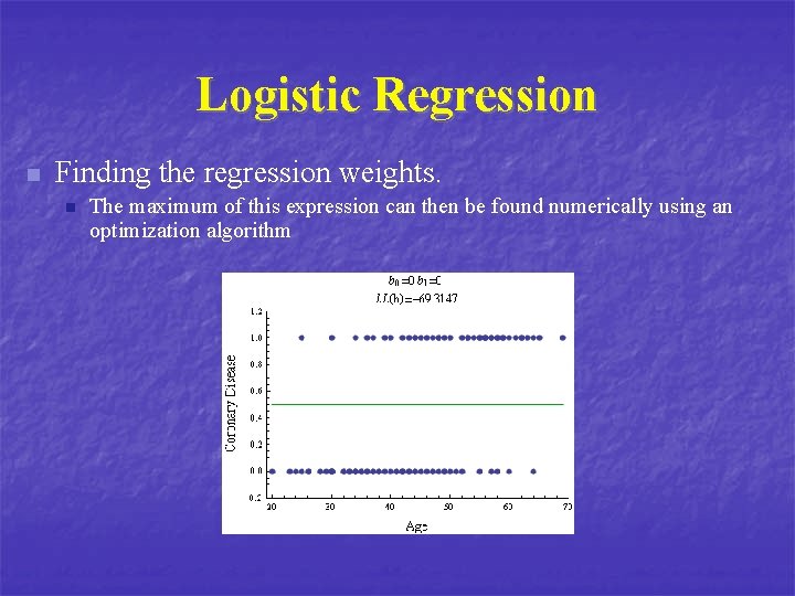 Logistic Regression n Finding the regression weights. n The maximum of this expression can