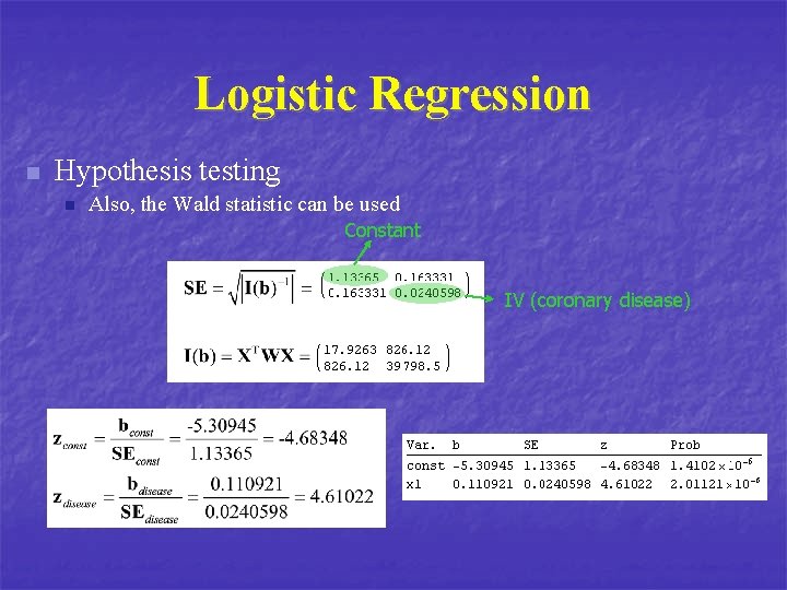 Logistic Regression n Hypothesis testing n Also, the Wald statistic can be used Constant