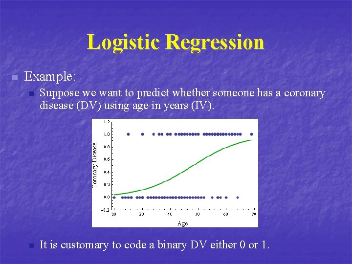 Logistic Regression n Example: n Suppose we want to predict whether someone has a