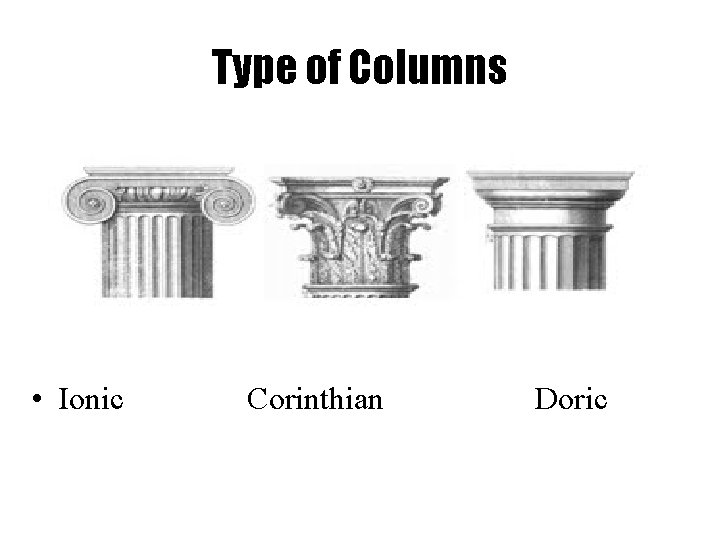 Type of Columns • Ionic Corinthian Doric 