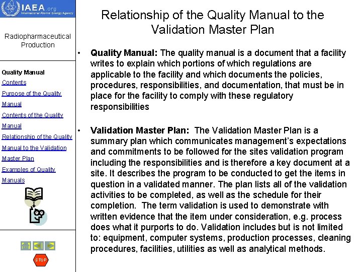 Radiopharmaceutical Production Relationship of the Quality Manual to the Validation Master Plan • Quality