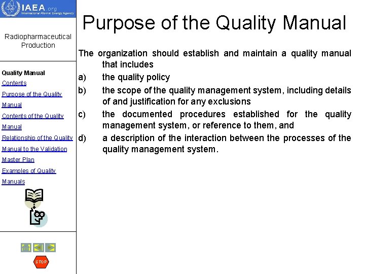 Radiopharmaceutical Production Quality Manual Contents Purpose of the Quality Manual Contents of the Quality