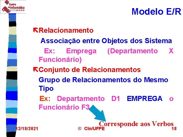 Modelo E/R ëRelacionamento Associação entre Objetos dos Sistema Ex: Emprega (Departamento X Funcionário) ëConjunto