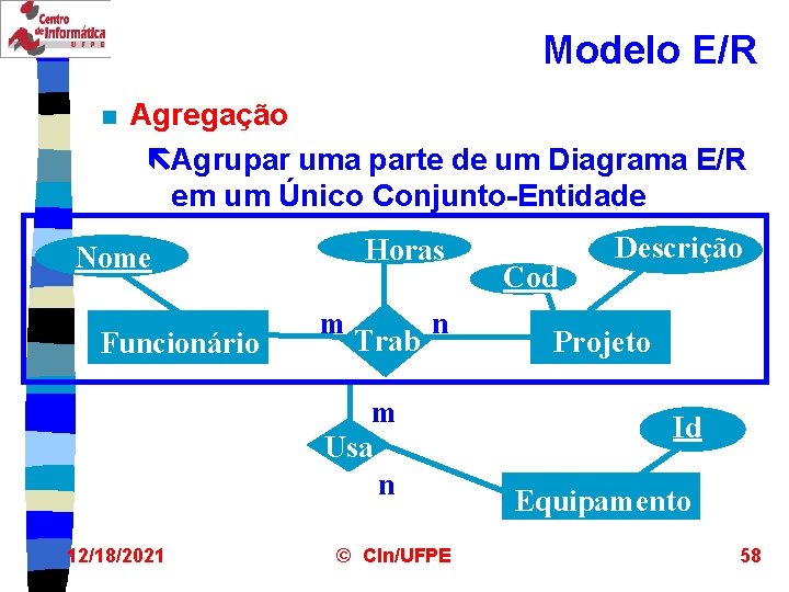 Modelo E/R n Agregação ëAgrupar uma parte de um Diagrama E/R em um Único