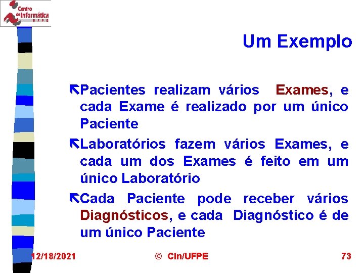 Um Exemplo ëPacientes realizam vários Exames, e cada Exame é realizado por um único