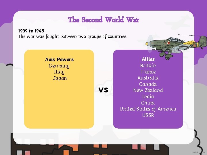 The Second World War 1939 to 1945 The war was fought between two groups
