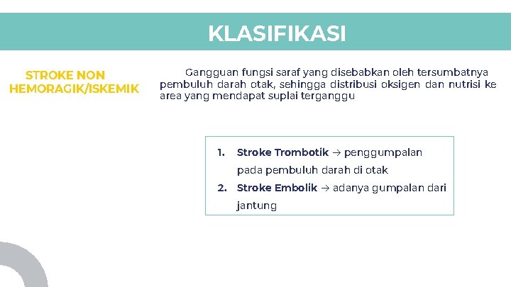 KLASIFIKASI STROKE NON HEMORAGIK/ISKEMIK Gangguan fungsi saraf yang disebabkan oleh tersumbatnya pembuluh darah otak, KLASIFIKASI STROKE NON HEMORAGIK/ISKEMIK Gangguan fungsi saraf yang disebabkan oleh tersumbatnya pembuluh darah otak,