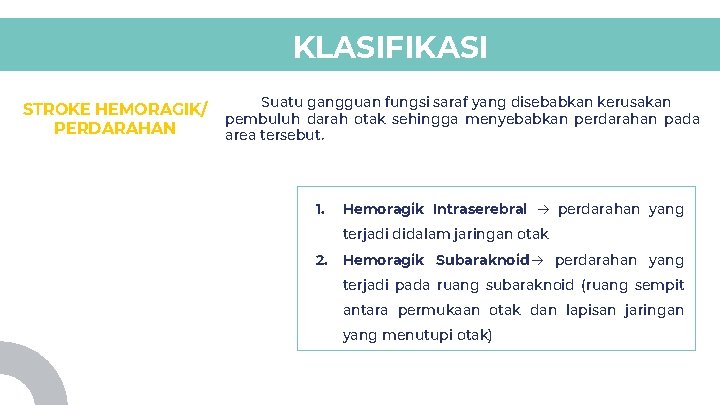 KLASIFIKASI STROKE HEMORAGIK/ PERDARAHAN Suatu gangguan fungsi saraf yang disebabkan kerusakan pembuluh darah otak KLASIFIKASI STROKE HEMORAGIK/ PERDARAHAN Suatu gangguan fungsi saraf yang disebabkan kerusakan pembuluh darah otak