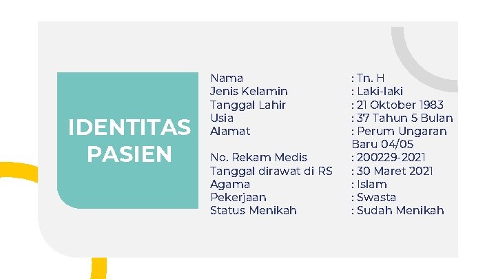 IDENTITAS PASIEN Nama Jenis Kelamin Tanggal Lahir Usia Alamat No. Rekam Medis Tanggal dirawat IDENTITAS PASIEN Nama Jenis Kelamin Tanggal Lahir Usia Alamat No. Rekam Medis Tanggal dirawat