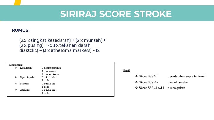 SIRIRAJ SCORE STROKE RUMUS : (2. 5 x tingkat kesadaran) + (2 x muntah) SIRIRAJ SCORE STROKE RUMUS : (2. 5 x tingkat kesadaran) + (2 x muntah)